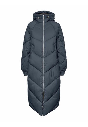 Dlouhá, tmavě šedá péřová bunda s kapucí, předním zipem a chevronovým prošíváním. Texturovaná látka s elastickými manžetami.