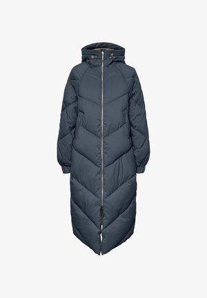 Dlouhá, tmavě šedá péřová bunda s kapucí, předním zipem a chevronovým prošíváním. Texturovaná látka s elastickými manžetami.