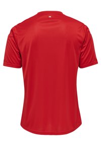 Červené sportovní tričko, krátký rukáv, kulatý výstřih, hladká tkanina, jednoduchý design, volný střih, žádné vzory ani akcenty viditelné na zadní straně.