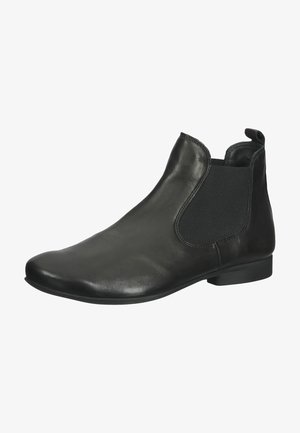 Schwarze Leder-Ankle-Boots mit elastischen Seitenpanels, glatter Textur, abgerundeter Zehenform und einem niedrigen, gestapelten Absatz.