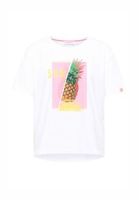 Witte katoenen t-shirt met een kleurrafische afbeelding van een ananas en een plakje citroen, met de tekst "VOLG DE ZON" in geel en roze.
