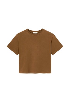 T-shirt brun court à manches courtes, col rond, design uni, avec un logo discret sur la poitrine gauche.