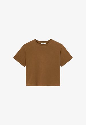 T-shirt brun court à manches courtes, col rond, design uni, avec un logo discret sur la poitrine gauche.