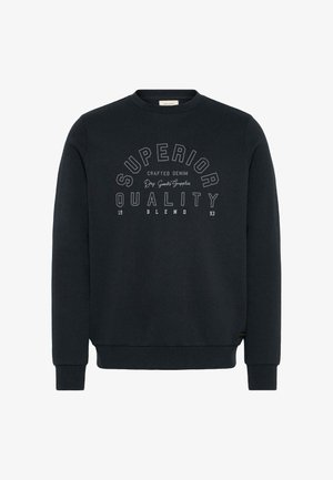 Dark navy sweatshirt with long sleeves. Features a round neckline and front graphic text: "SUPERIOR QUALITY" with additional detailing in white.