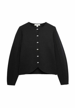 Zwarte gebreide cardigan met een ronde hals, knoopsluiting aan de voorkant en lange mouwen. Heeft een geschulpte zoom en zilverkleurige knopen.