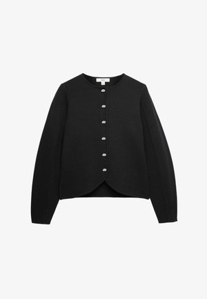 Czarny dziany kardigan z okrągłym dekoltem, zapięciem na guziki z przodu i długimi rękawami. Charakteryzuje się falistym dołem i guzikami w srebrnym odcieniu.