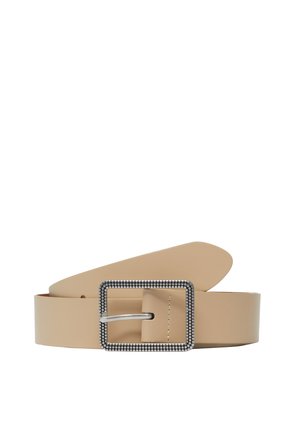 Ceinture en cuir beige avec une boucle métallique rectangulaire ornée de petites clous, texture lisse et design classique.