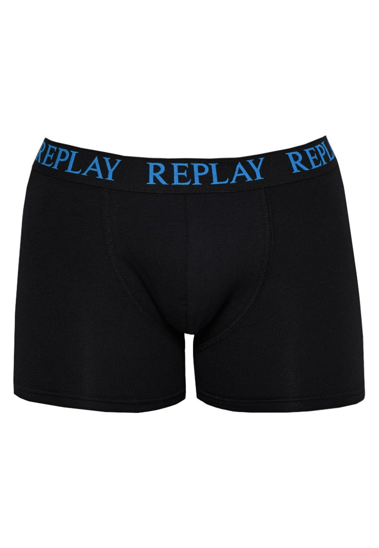 Boxer shorts noirs avec une ceinture élastique bleue "REPLAY". Fabriqués en tissu doux avec un ajustement confortable et un design de poche avant arrondie.