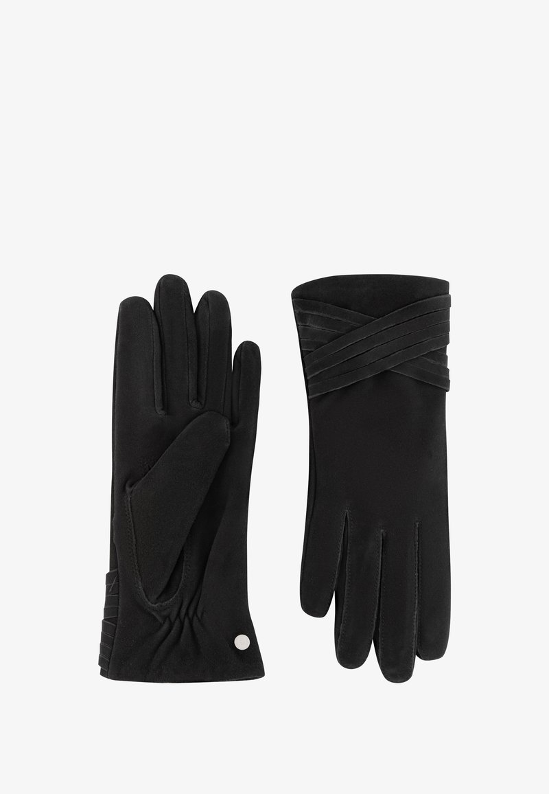 Black gloves made of soft fabric, featuring a sleek design with a smooth texture and crossband detailing on the cuff.