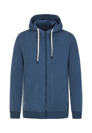 Blauer Reißverschluss-Hoodie aus weichem Stoff, mit Kapuze mit Kordelzug, gerippten Bündchen und geradem Saum, in einem schlichten Design ohne Muster.