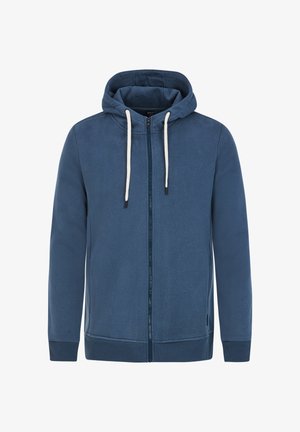 Blauer Reißverschluss-Hoodie aus weichem Stoff, mit Kapuze mit Kordelzug, gerippten Bündchen und geradem Saum, in einem schlichten Design ohne Muster.