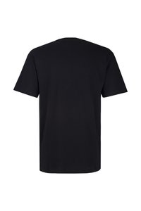 Schwarzes Baumwoll-T-Shirt mit Rundhalsausschnitt und kurzen Ärmeln, ausgestattet mit einer glatten Textur und einem klassischen, geraden Schnitt.