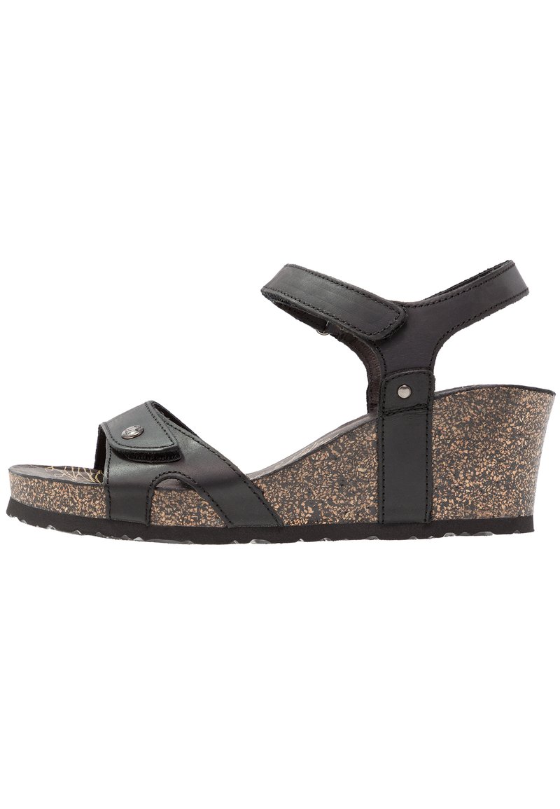 Sandali wedge neri con piattaforma in sughero, cinturini regolabili, design open toe e dettagli di cucitura. Plantare testurizzato per il comfort.