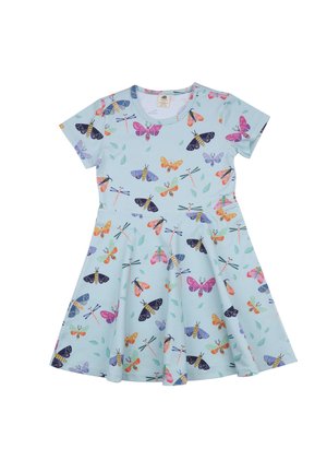 Hellblaues kurzärmeliges Kinderkleid mit buntem Schmetterlings-, Libellen- und Blätterdruck, tailliert mit ausgestelltem Rock.