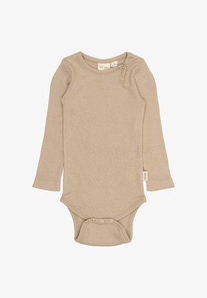 Hosszú ujjú, bézs bordás bodysize, puha anyagból készült, vállnál és alul snap záródással a könnyű öltözködés és levétel érdekében.