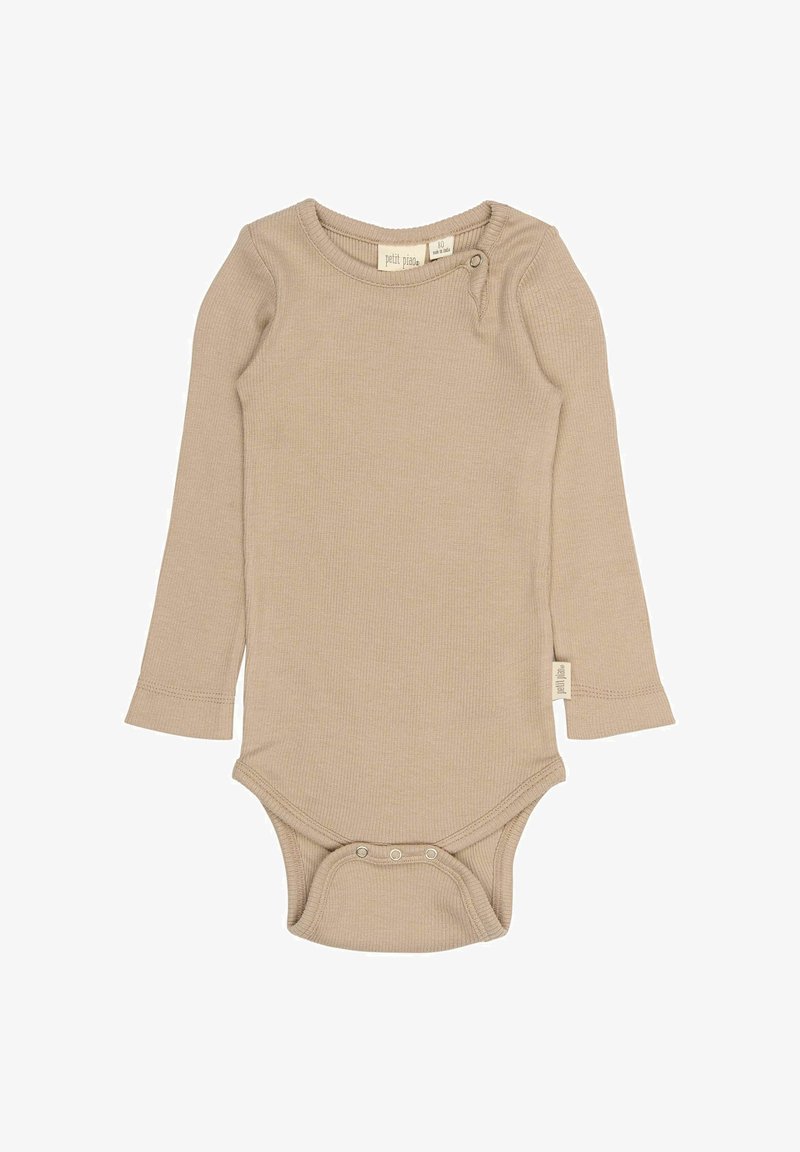 Bodysuit à manches longues en beige côtelé, fabriqué à partir d'un tissu doux, avec une fermeture à pression à l'épaule et au bas pour un habillage et un déshabillage faciles.