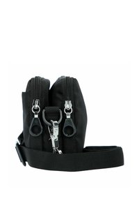 Borsa a tracolla nera in tessuto con due scomparti zipperati, hardware in metallo argentato, tracolla removibile e superficie testurizzata.