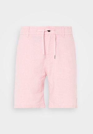 Lyserøde linnedshorts med snor i taljen, der har en glat tekstur, kort længde og subtile sidespalte for nem bevægelse.