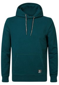 Felpa con cappuccio color teal realizzata in tessuto morbido, con tasca frontale, coulisse regolabili e toppa con logo in basso a sinistra.