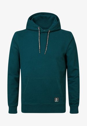 Sudadera con capucha color verde azulado, hecha de tela suave, con un bolsillo delantero, cordones ajustables y un parche con logo en la parte inferior izquierda.
