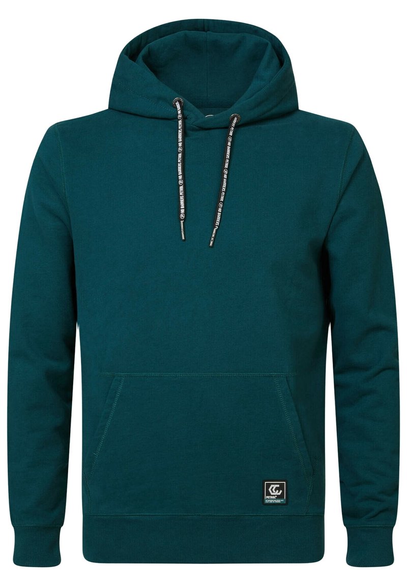 Felpa con cappuccio color teal realizzata in tessuto morbido, con tasca frontale, coulisse regolabili e toppa con logo in basso a sinistra.