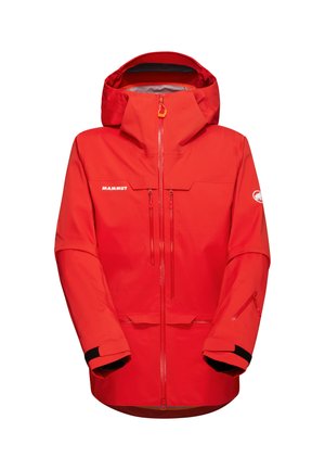 Rote wasserdichte Jacke mit hohem Kragen, verstellbarem Kapuze, zwei Frontreißverschlüssen und schwarzen Handgelenkbündchen. Mit Markenlogo auf der Brust.