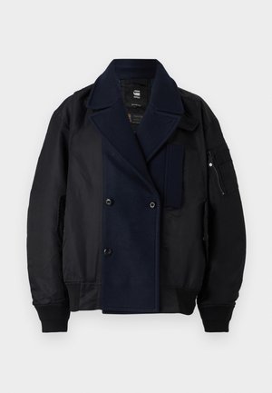 Navy blue jacket with a double-breasted design. Features a wool front panel, contrasting fabric textures, and zippered side pocket.