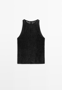 Černý bezrukávový top vyrobený z síťoviny, s kulatým výstřihem a jemným leskem, s výřezem na zádech.