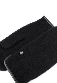 Ein Paar schwarze Wollhandschuhe mit gerippten Bündchen und einem kleinen runden silbernen Logo-Button auf einem der Handschuhe.