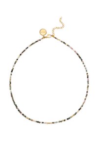Collier en perles multicolores composé de pierres rondes vertes, roses et noires, agrémenté de matériel doré et d'une fermeture à chaîne réglable.