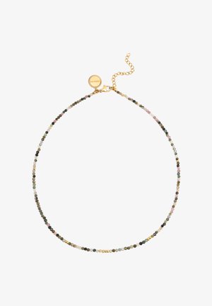 Mehrfarbige Perlenkette mit runden Steinen in Grün, Pink und Schwarz, akzentuiert mit goldenen Beschlägen und einem verstellbaren Kettenverschluss.