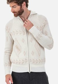 Pull à fermeture éclair de couleur crème arborant un motif géométrique en beige clair. Le design comprend des poignets et un ourlet côtelés, ainsi qu'un col montant.