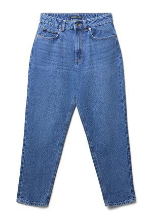 Jeans azzurri a vita alta con design dritto, cuciture a contrasto, tasche anteriori e chiusura con zip. Tessuto denim testurizzato.