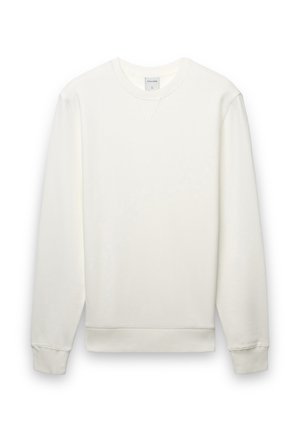 Weißes Sweatshirt mit Rundhalsausschnitt aus weicher Baumwolle, mit gerippten Bündchen und Saum, einfachem Design und dezenter V-Naht am Ausschnitt.