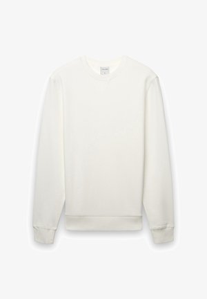 Weißes Sweatshirt mit Rundhalsausschnitt aus weicher Baumwolle, mit gerippten Bündchen und Saum, einfachem Design und dezenter V-Naht am Ausschnitt.