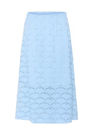 Light blue lace skirt with an elastic waistband, featuring a scalloped pattern and a flowing silhouette. Mid-calf length, textured fabric.