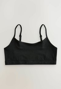 Crna bešavna braleta s podesivim trakama, izrađena od mekanog materijala. Posjeduje brendirani pojas s 'NEXT' natpisom u suptilnom uzorku.