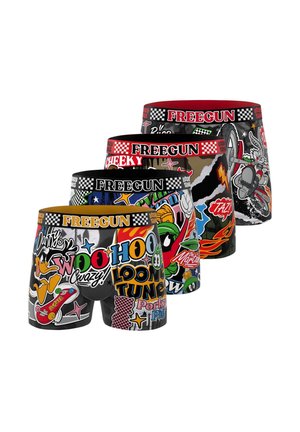 Quatre paires de boxers sur le thème des Looney Tunes avec des graphismes colorés de personnages, un texte en gras et un marquage Freegun sur les ceintures.