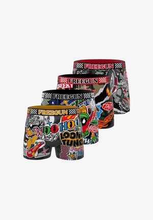 Quatre paires de boxers sur le thème des Looney Tunes avec des graphismes colorés de personnages, un texte en gras et un marquage Freegun sur les ceintures.