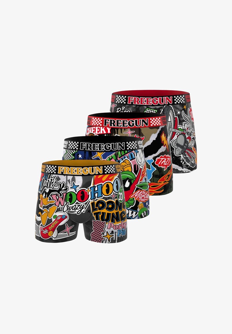 Quatre paires de boxers sur le thème des Looney Tunes avec des graphismes colorés de personnages, un texte en gras et un marquage Freegun sur les ceintures.
