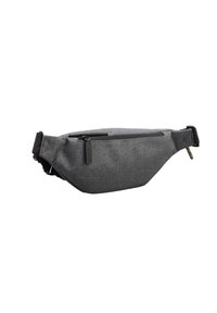 Riñonera de tela gris con cremallera negra, correa ajustable y un pequeño bolsillo frontal sobre un fondo blanco.