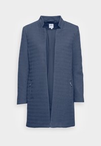 Marinblå texturerad kappa med öppen front, hög krage och två sidofickor med blixtlås. Har ett fiskbensmönster på tyget.