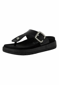 Chanclas de cuero negro con plantilla texturizada, suela de goma plana y hebilla decorativa plateada en la tira.