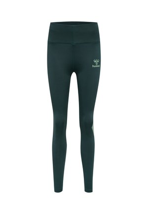 Mørkegrønne high-waist træningsleggings med et lille lysegrønt Hummel-logo på højre lår, designet til aktiv brug.