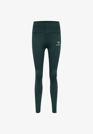 Mørkegrønne high-waist træningsleggings med et lille lysegrønt Hummel-logo på højre lår, designet til aktiv brug.