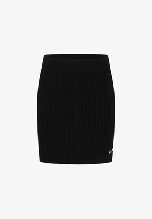 Gonna nera lavorata a maglia con texture a coste, dalla forma aderente e con una vita larga. Presenta un piccolo logo bianco sull'orlo.