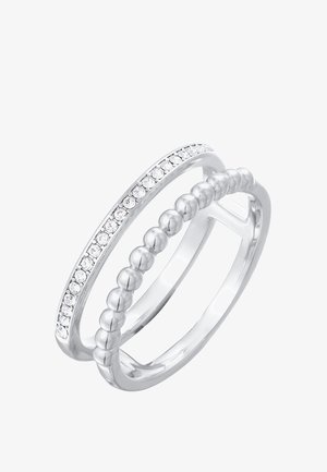 Inel dublu din argint, cu o bandă decorată cu o serie de pietre prețioase clare și cealaltă bandă cu un design cu mărgeluțe, finisaj lucios.