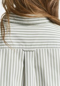 Personne avec de longs cheveux bruns, portant une chemise rayée verte et blanche à la fois verticalement et horizontalement, vue de dos.
