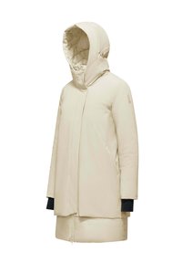 Beige, middelgrote geïsoleerde jas met capuchon, met ritssluitingen en een soepele textuur. Heeft een ontwerp met twee lagen voor warmte en bedekking.