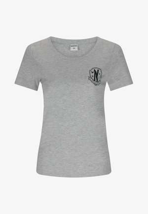 Gray cotton T-shirt with a fitted design, short sleeves, and a black shield logo with the letter "N" on the left chest area.